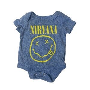 Nirvana Grunge Baby Yellow Smile Band Logo Blue T-Shirt One Piece Size Newborn